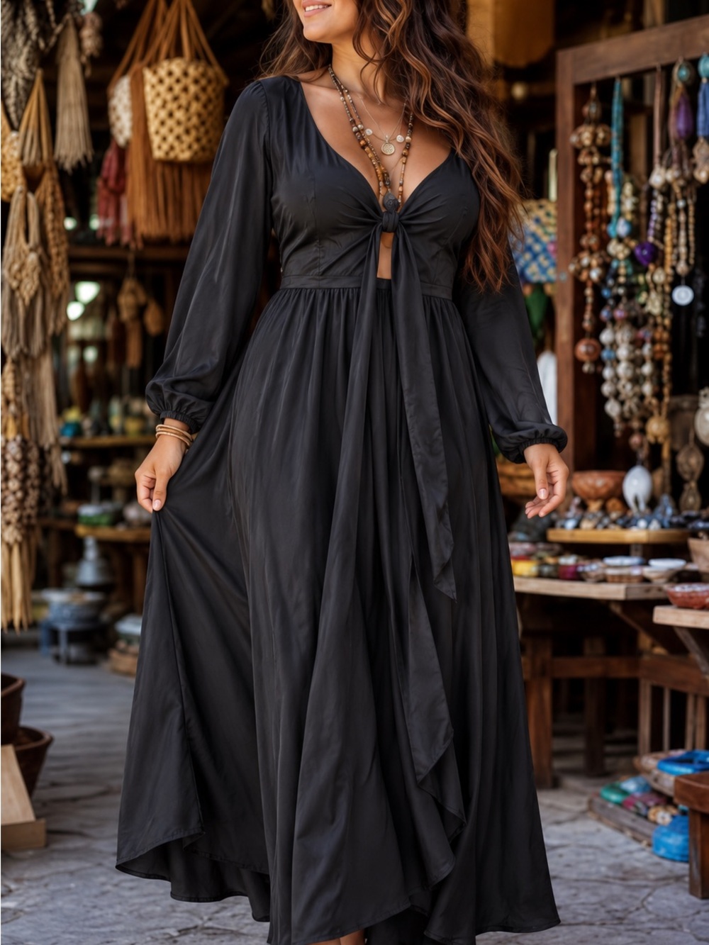 Women's Black Tie-Front Long Sleeve Maxi Dress